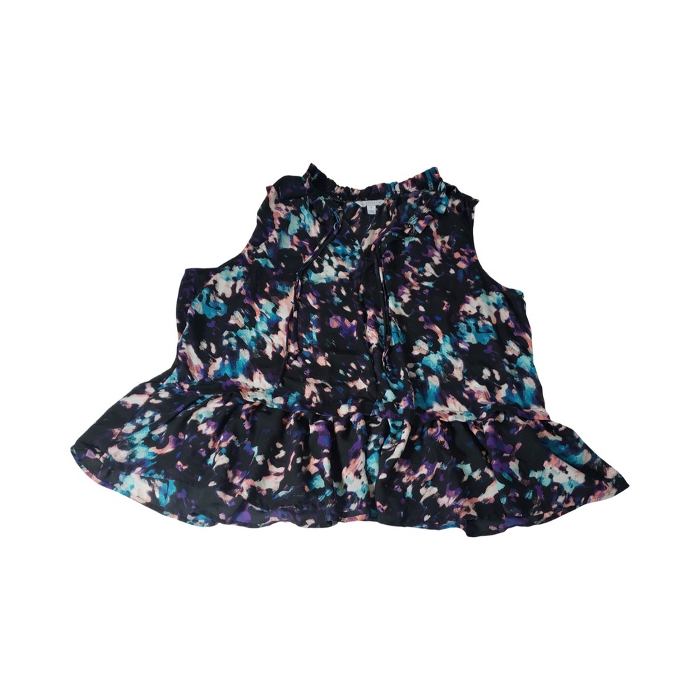 Boutique Womens 1X Abstract Painterly Peplum Blouse Sleeveless Ruffle Tie Neck